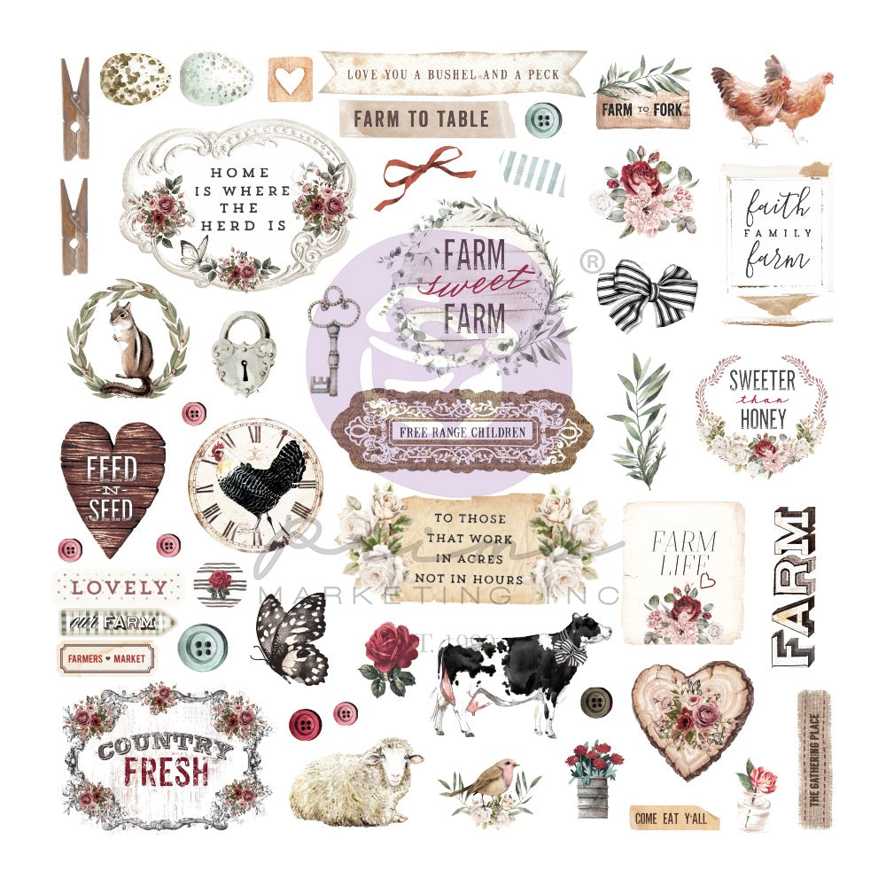 This package contains Prima Marketing's Farm Sweet Farm Cardstock Ephemera & Stickers, 72 pieces.