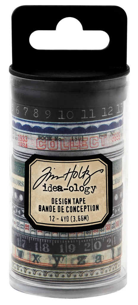 Tim Holtz Idea-Ology Design Tape 12/Pkg Style:  Roll tape Design Name:  Trims Twelve (12) pieces of 4-yard tape rolls Widths of each roll:  approx 1/4 inch