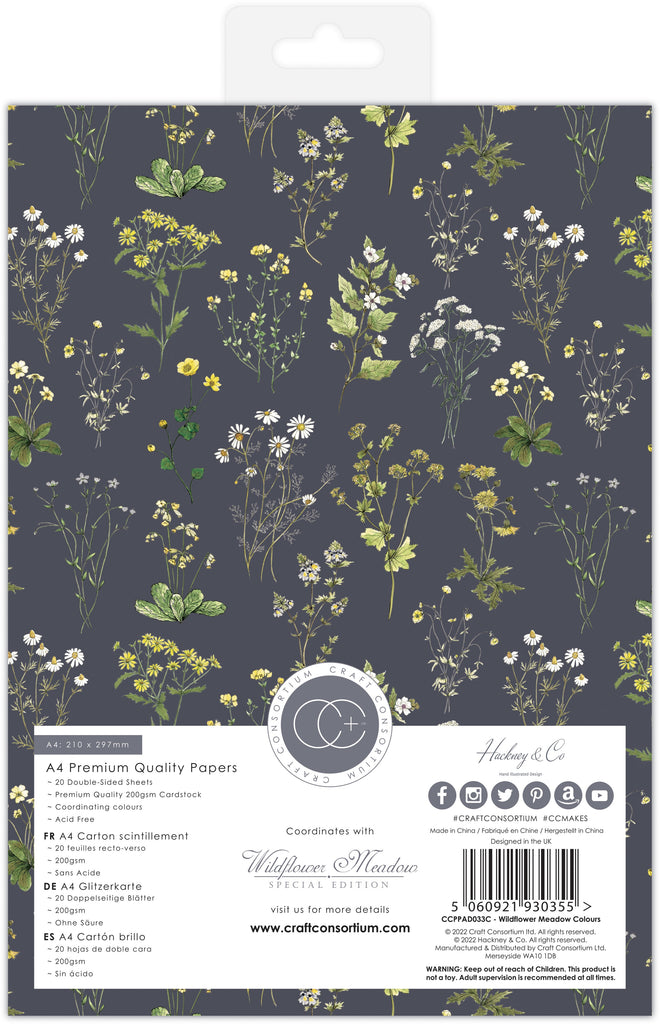 Craft Consortium Wildflower Meadow Premium A4 gummed cardstock pad. Contains 20 double sided sheets in heavyweight 200gsm, acid free cardstock
