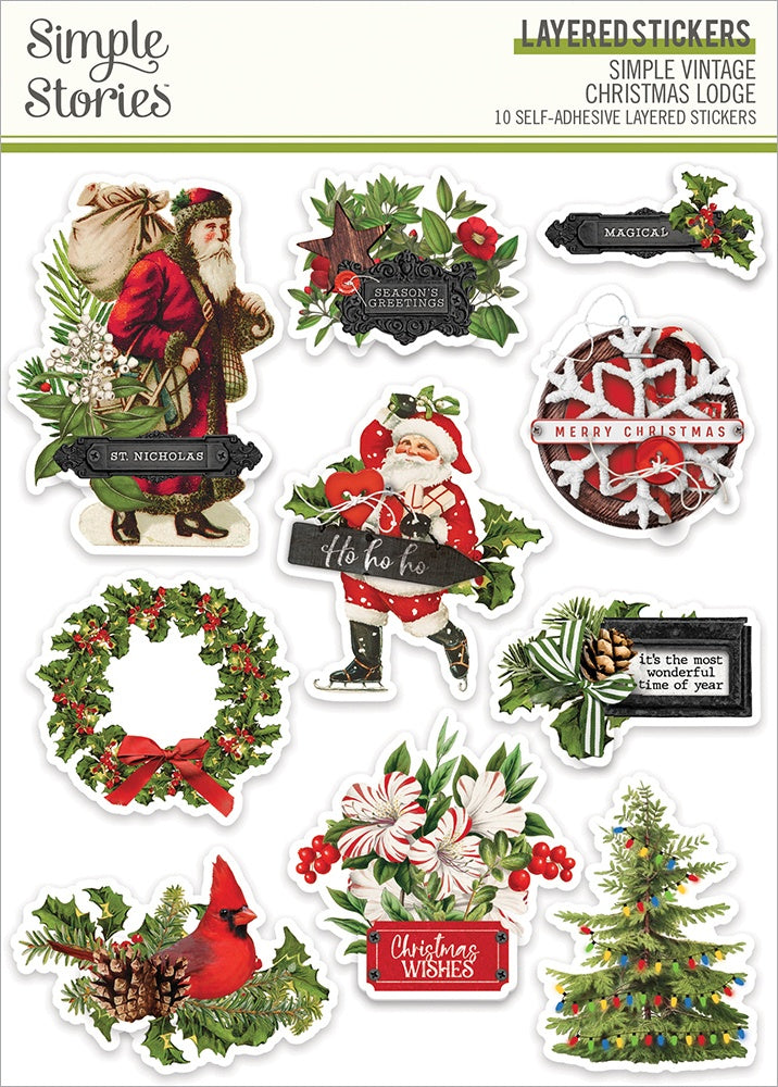 This package contains ten (10) Simple Stories - Simple Vintage Christmas Lodge Chipboard Stickers 5"x7" inch sheet