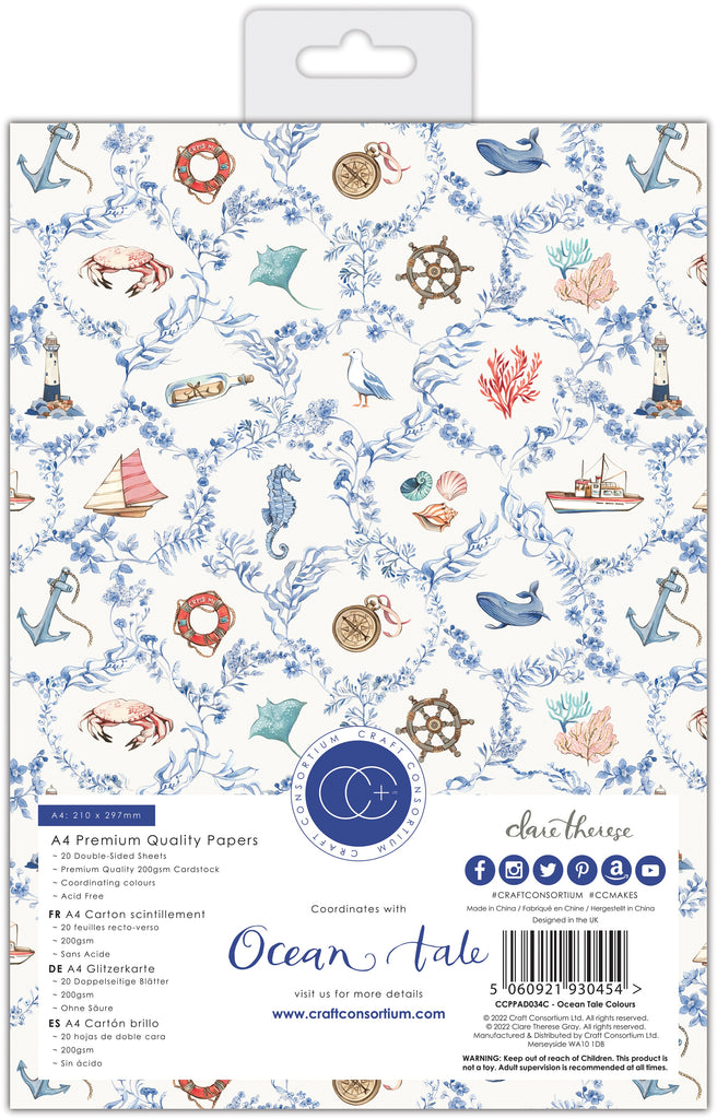 Craft Consortium Ocean Tale Premium A4 gummed cardstock pad. Contains 20 double sided sheets in heavyweight 200gsm, acid free cardstock