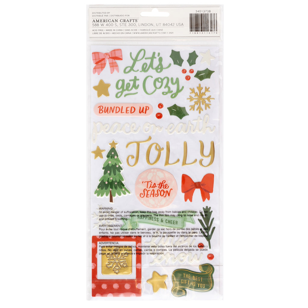 This package contains Crate Paper Mittens & Mistletoe, All is Bright 6x12 inch sheet Thickers - Stickers, 99 pieces