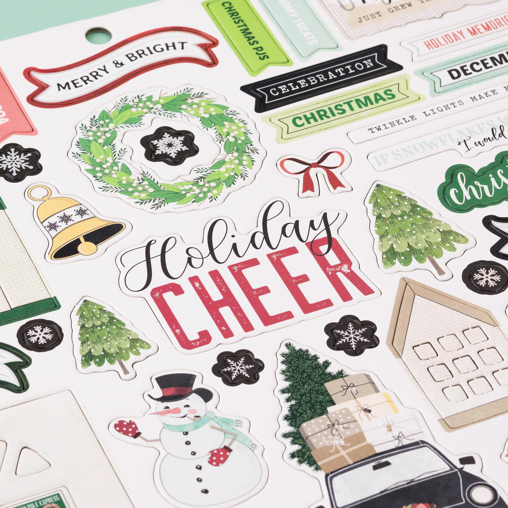 This package contains Vicki Boutin Evergreen & Holly Chipboard Stickers, Icons & Phrases, 65 pieces