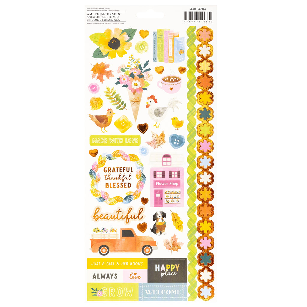 This package contains Paige Evans Garden Shoppe Stickers, Accents & Phrases with Copper Foil Accents