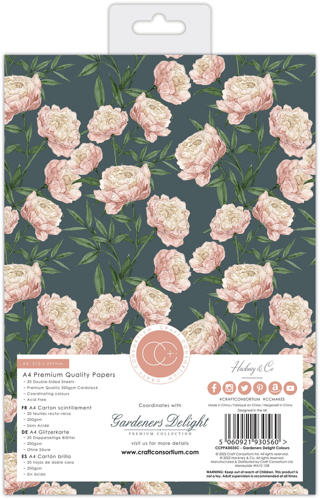 Craft Consortium Gardeners Delight Premium A4 gummed cardstock pad. Contains 20 double sided sheets in heavyweight 200gsm, acid free cardstock