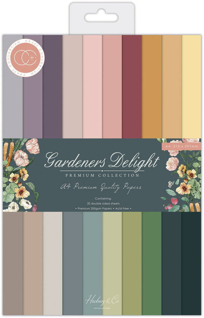 Craft Consortium Gardeners Delight Premium A4 gummed cardstock pad. Contains 20 double sided sheets in heavyweight 200gsm, acid free cardstock
