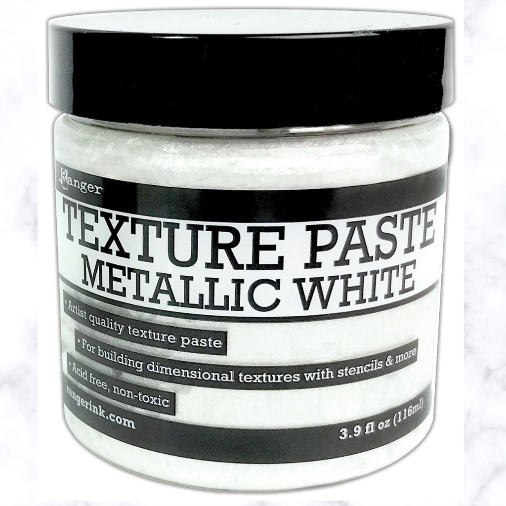 Ranger Texture Paste 4oz - Metallic White. This artist quality texture paste is ideal for adding dimensional layers onto a variety of surfaces