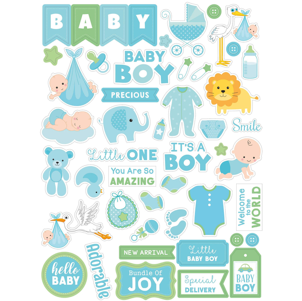 Baby Boy blue die cut embellishments can add whimsy, dimension, color and style to greeting cards, scrapbook pages, altered art, mixed media
