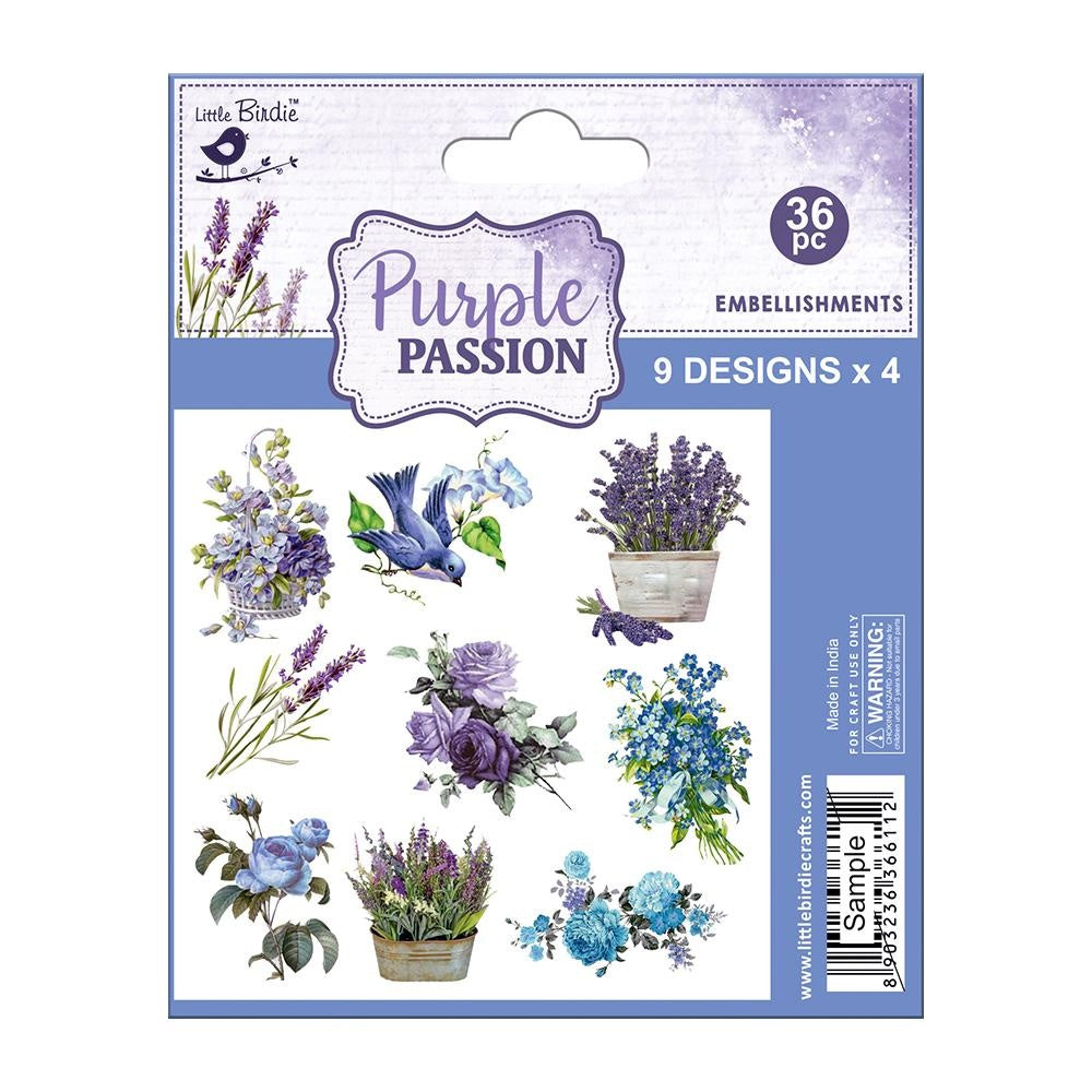 Purple Passion Floral die cut embellishments can add whimsy, dimension, color and style to greeting cards, scrapbook pages, altered art, mixed media