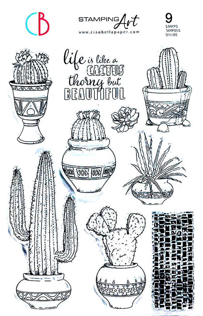 Life is Like a Cactus stamp with multiple cactus in Southwest pots. Shop Ciao Bella clear high quality Photopolymer Stamps.