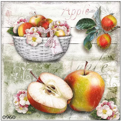 Rustic Basket of Apples, Sliced Apple and Apple Blossoms  Decoupage Napkin for Crafting and Scrapbooking
