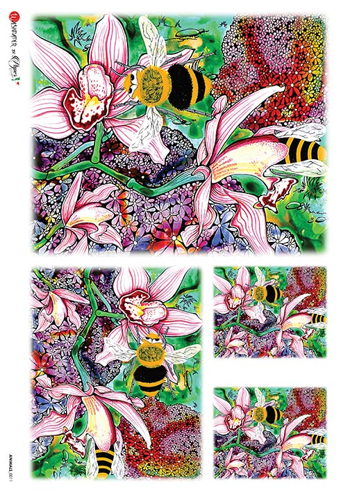 yellow and black bees on pink flowers European Paper Designs Italy Rice Paper is of exquisite Quality for Decoupage art