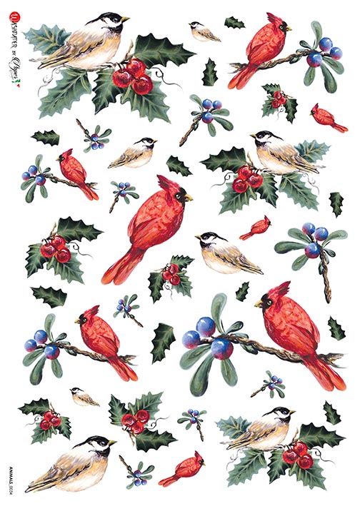 This Birds and Holly red cardinals and sparrows A5 Rice Paper is of Exquisite Quality for Decoupage crafts. Thin yet durable. Imported from Europe. Beautiful colors