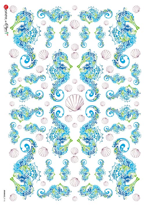 Blue and green sea horse patterns on white European Paper Designs Italy Rice Paper is of exquisite Quality for Decoupage art