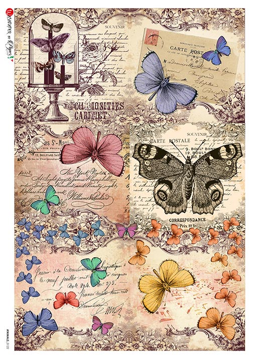 Pink blue and yellow Butterflies on Script European Paper Designs Italy Rice Paper is of exquisite Quality for Decoupage art