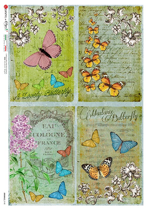 Pink blue and yellow butterfiles European Paper Designs Italy Rice Paper is of exquisite Quality for Decoupage art