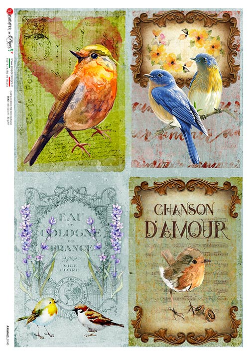 Yellow and blue Birds Chanson Damour European Paper Designs Italy Rice Paper is of exquisite Quality for Decoupage art