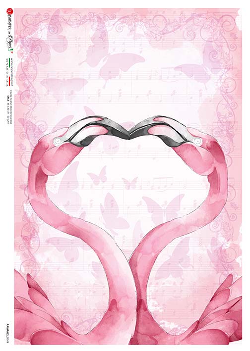 This Kissing Flamingos A5 Rice Paper is of Exquisite Quality for Decoupage crafts. Thin yet durable. Imported from Europe. Beautiful colors, great patterns, exceptional strength