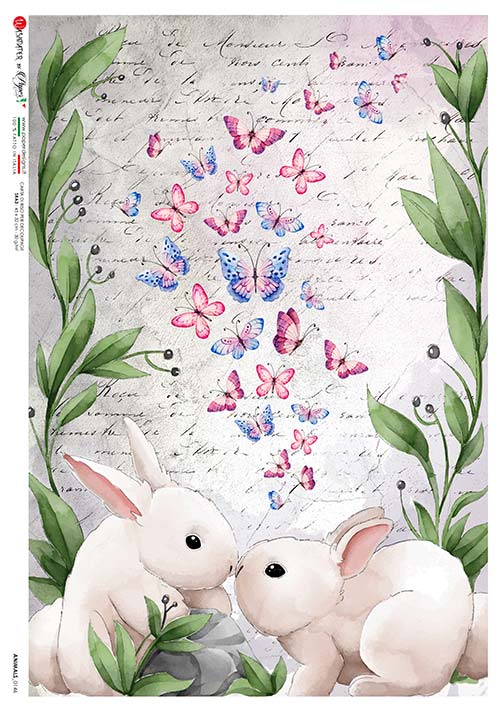 This Beautiful Kissing Bunnies A5 Rice Paper is of Exquisite Quality for Decoupage crafts. Thin yet durable. Imported from Europe. Beautiful colors, great patterns, exceptional strength