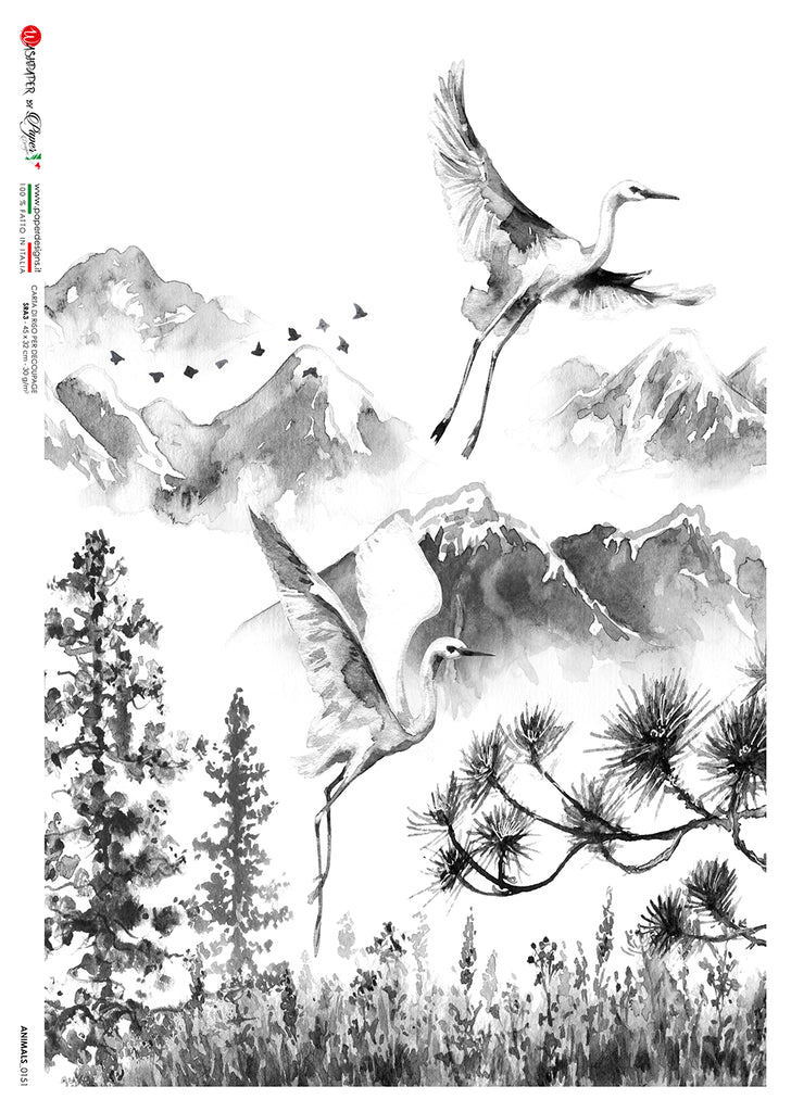 White wild geese flying over mountains in winter European Paper Designs Italy Rice Paper is of exquisite Quality for Decoupage art