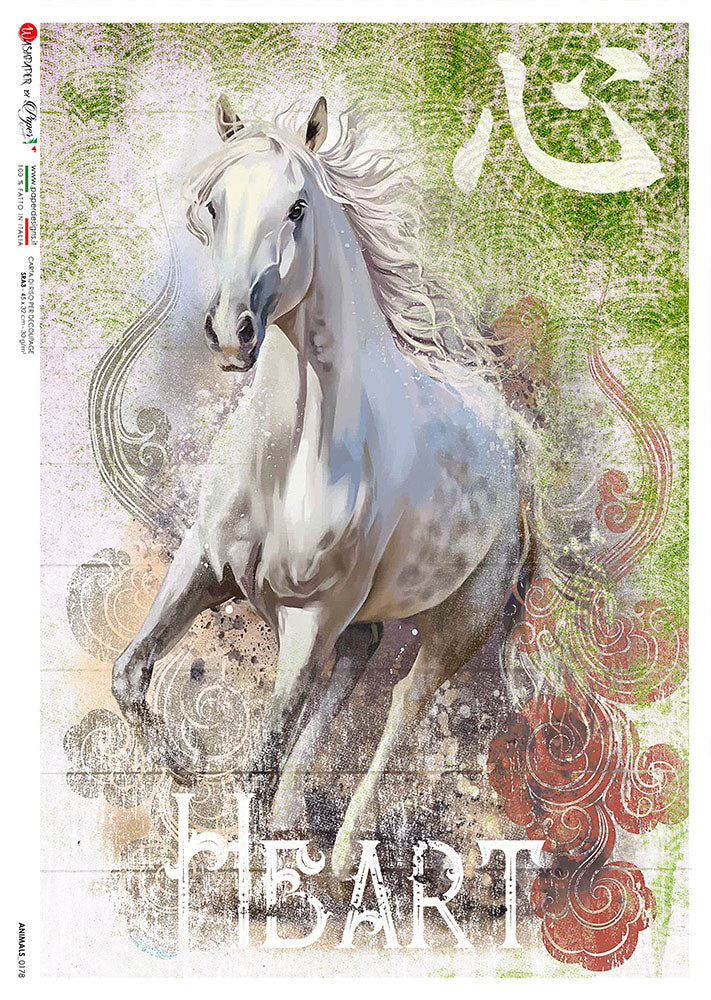 White horse with heart and Japanese symbol European Paper Designs Italy Rice Paper is of exquisite Quality for Decoupage art 