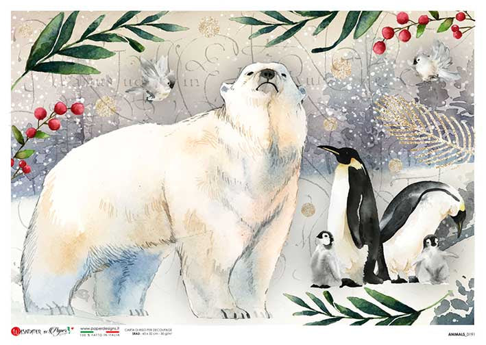 polar bear with penquins European Paper Designs Italy Rice Paper is of exquisite Quality for Decoupage art