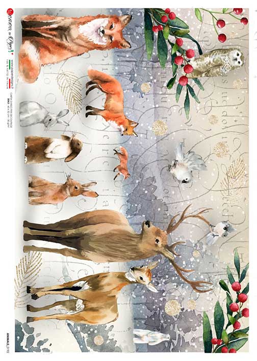 Foxes deer rabbits and birds in winter European Paper Designs Italy Rice Paper is of exquisite Quality for Decoupage art
