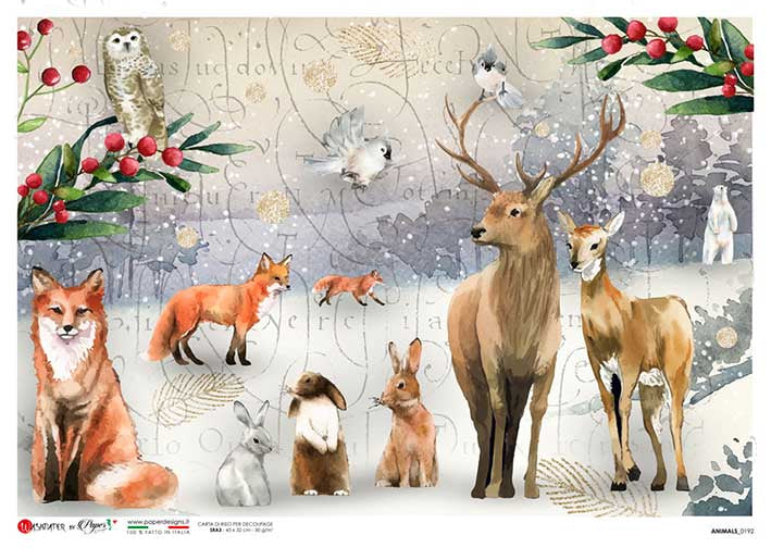foxes deer rabbits and owls in witner European Paper Designs Italy Rice Paper is of exquisite Quality for Decoupage art