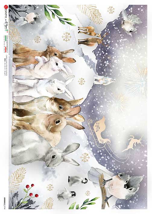 Rabbits and birds with polar bear in snow European Paper Designs Italy Rice Paper is of exquisite Quality for Decoupage art