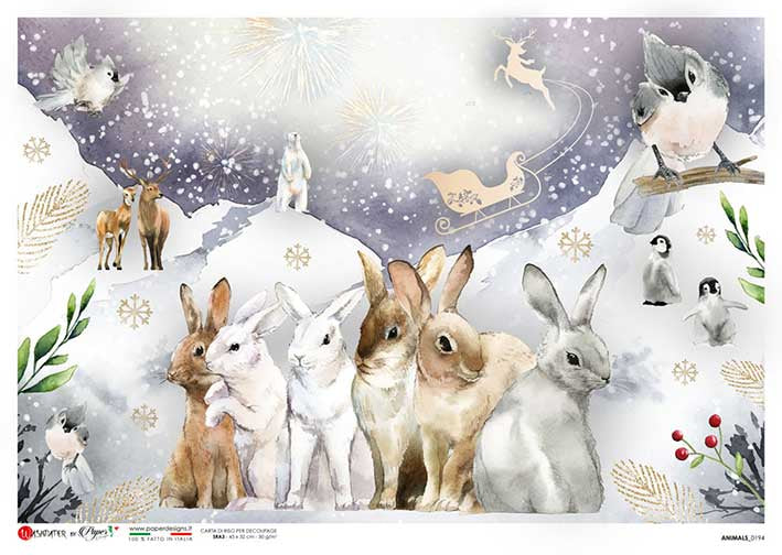 Rabbits and birds with polar bear in the snow European Paper Designs Italy Rice Paper is of exquisite Quality for Decoupage art