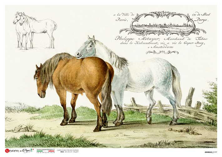sketch of two horses in a field European Paper Designs Italy Rice Paper is of exquisite Quality for Decoupage art