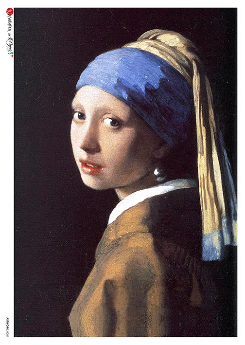 This Lady with Pearl Earring A5 Rice Paper is of Exquisite Quality for Decoupage crafts. Thin yet durable. Imported from Europe. Beautiful colors