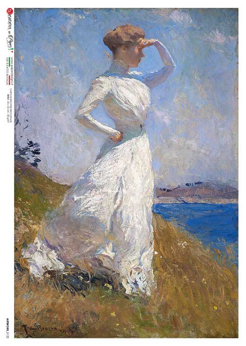 Victorian woman in white dress looking at the sea European Paper Designs Italy Rice Paper is of exquisite Quality for Decoupage art