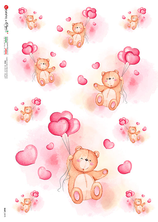 Pink Balloon Cuddly Bear Baby Girl A5 Rice Paper for Decoupage Crafting, Scrapbooking, Journaling, Cardmaking