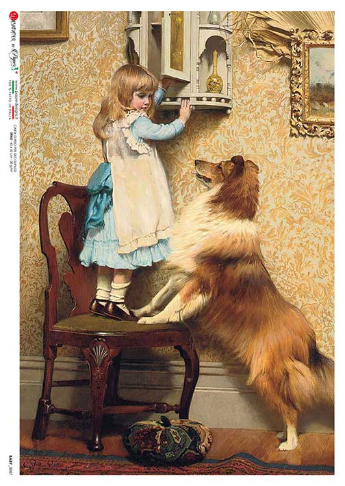 young girl in blue dress standing on chair with yellow Collie European Paper Designs Italy Rice Paper is of exquisite Quality for Decoupage art