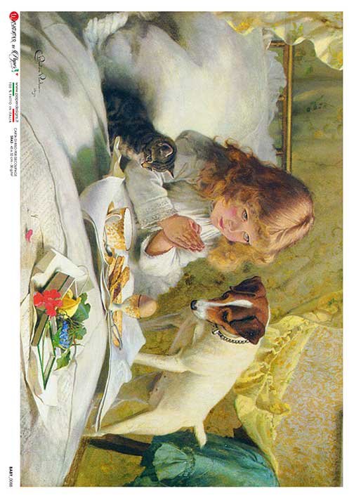 child praying with cat an dog European Paper Designs Italy Rice Paper is of exquisite Quality for Decoupage art