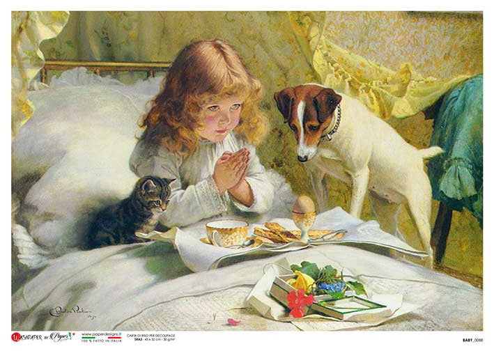 Child praying with cat and dog with flowers and food European Paper Designs Italy Rice Paper is of exquisite Quality for Decoupage art
