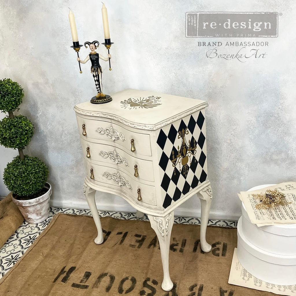 ReDesign with Prima Harlequin Decor Transfers® are easy to use rub-on transfers for Furniture and Mixed Media uses. Simply peel, rub-on and transfer