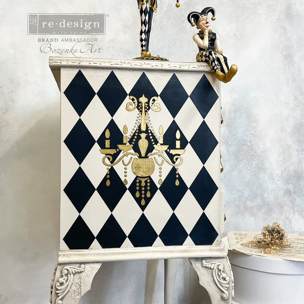 ReDesign with Prima Harlequin Decor Transfers® are easy to use rub-on transfers for Furniture and Mixed Media uses. Simply peel, rub-on and transfer