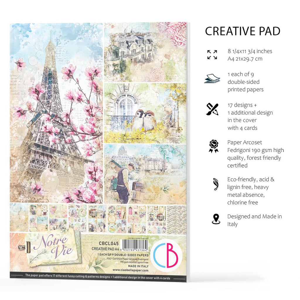 Notre Vie Creative Pad. These beautiful Italian made Ciao Bella Creative Pads are coordinated sets containing fun designs for cut-out and matching papers for your next decoupage craft project. They are 190 gsm