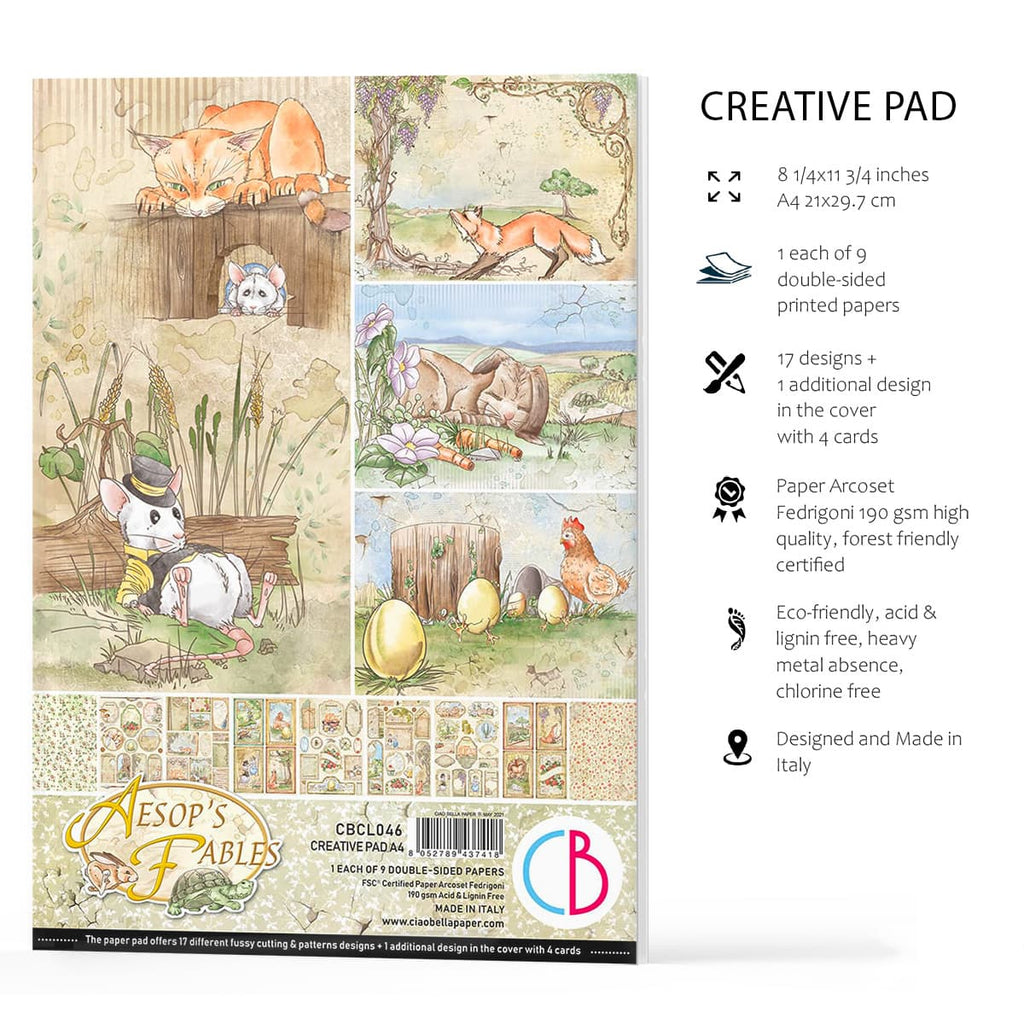 Aesop's Fables Creative Pad. These beautiful Italian made Ciao Bella Creative Pads are coordinated sets containing fun designs for cut-out and matching papers. They are 190 gsm weight 
