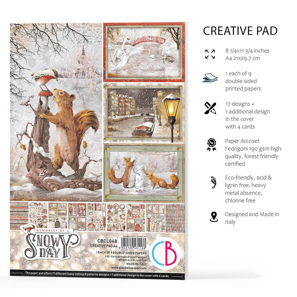 Memories of a Snowy Day Creative Pad. These beautiful Italian made Ciao Bella Creative Pads are coordinated sets containing fun designs for cut-out and matching papers. They are 190 gsm weight