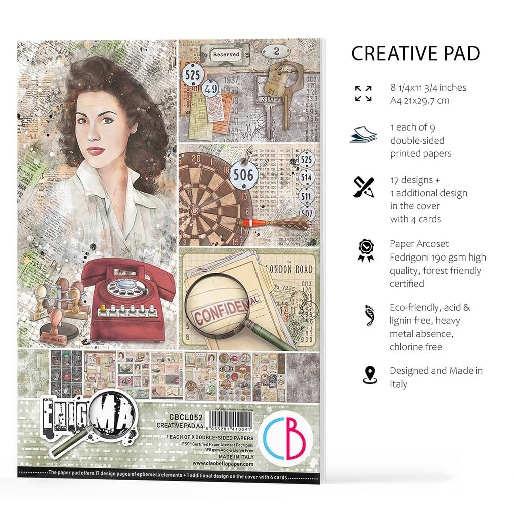 Enigma Creative Pad. These beautiful Italian made Ciao Bella Creative Pads are coordinated sets containing fun designs for cut-out and matching papers for your next decoupage craft project. They are 190 gsm