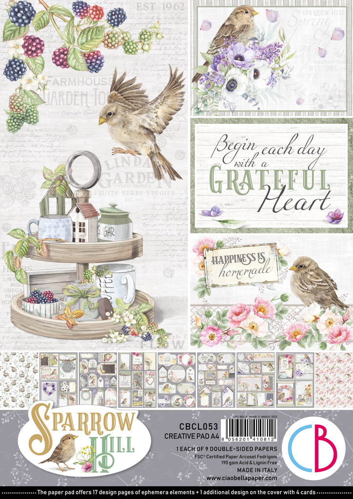 Sparrow Hill Creative Pad. These beautiful Italian made Ciao Bella Creative Pads are coordinated sets containing fun designs for cut-out and matching papers. They are 190 gsm weight