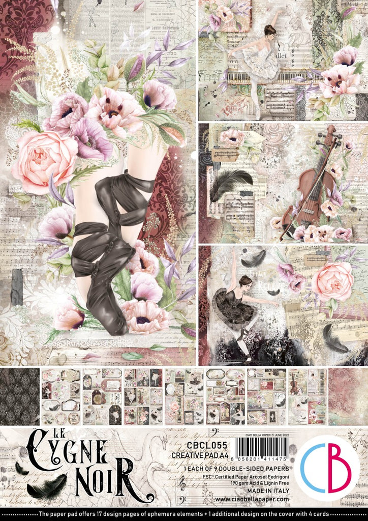 Cygne Noir Pad. These beautiful Italian made Ciao Bella Creative Pads are coordinated sets containing fun designs for cut-out and matching papers for your next decoupage craft project
