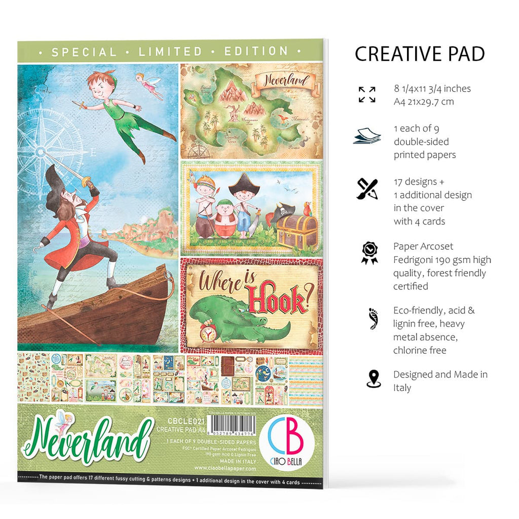 Neverland Creative Pad. These beautiful Italian made Ciao Bella Creative Pads are coordinated sets containing fun designs for cut-out and matching papers for your next decoupage craft project. They are 190 gsm 