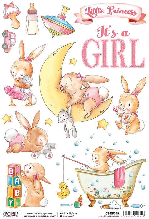 Baby Girl and Bunnies Toys Children Decoupage Rice Paper for Crafting, Scrapbooking, Journaling, Mixed Media, Cardmaking