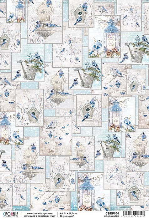Blue Birds and Birdhouses in Winter Decoupage Rice Paper for Crafting, Scrapbooking, Journaling, Mixed Media, Cardmaking