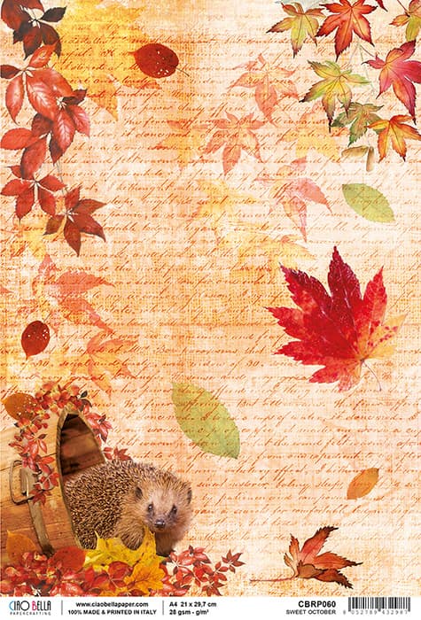 Fall Autumn Leaves and Hedgehog with Script Decoupage Rice Paper for Crafting, Scrapbooking, Journaling, Mixed Media, Cardmaking