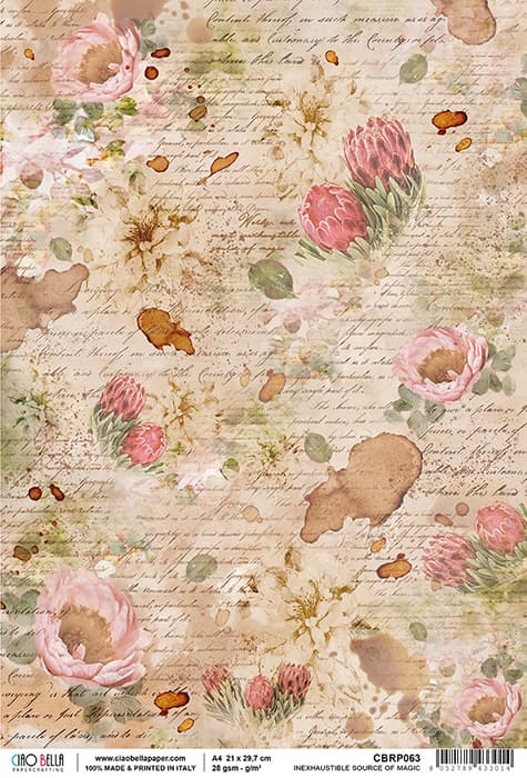 Vintage Writing Script and Pink Flowers Decoupage Rice Paper for Crafting, Scrapbooking, Journaling, Mixed Media, Cardmaking